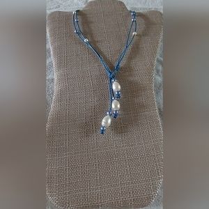 Handmade Light Blue & White Pearl & Metallic Blue Leather 3-Way Necklace